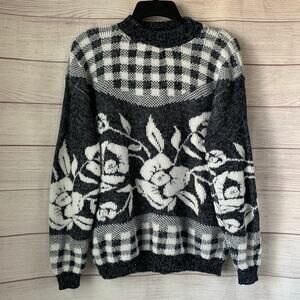 Vintage Nan Dorsey Gray and White Check and Floral Knit Sweater